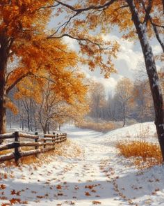 a painting of a snow covered path with trees