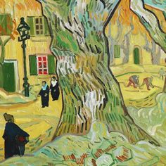 an oil painting of people walking down a street in front of a tree with leaves on it