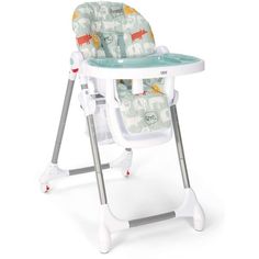 a baby high chair with an animal print on the seat and back side, in front of a white background