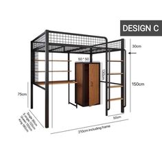 the design c loft bed is shown with shelves and cupboards in different sizes, shapes and colors