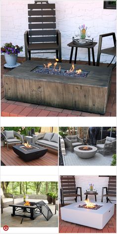 an outdoor fire pit sitting on top of a wooden table