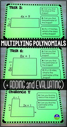 two green task cards with the words multiplying polynomias on them