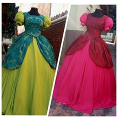 two dresses are shown in different colors and styles, one is pink, the other is green