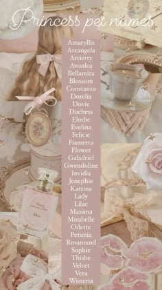 a collage of princess pet names in pink and white with pictures of the characters