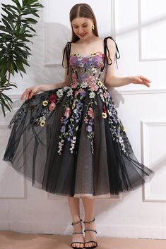 Colorful Applique Floral Corset Black Dress with Tie Straps Corset Black Dress, Blue Flowers Dress, Dress With Tie Straps, Corset Black, Floral Pattern Dress, Floral Corset, Exclusive Dress, Fabric Accessories, Black Corset