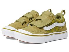 Vans Kids ComfyCush New Skool V (Little Kid) - Boy's Shoes : Safe Space Olive : When your kid's shoes have more miles than your car, its time to upgrade to Vans Kids ComfyCush New Skool V. Leather and textile upper. Single strap hook-and-loop closure. Round-toe silhouette with rubber toe cap. ComfyCush lining and insole. ComfyCush - A breathable textile lining and comfort-cushioned insole make all-day wear a no-brainer. Featuring a co-molded construction of foam and rubber for the perfect combin Best Toddler Shoes, Boys Tennis Shoes, Vans Kids, Shoes Vans, Sneakers Athletic, Boys Sneakers, Boy Clothes, Big Boy, Baby Things