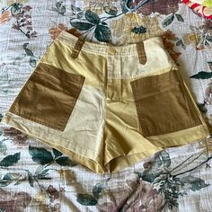 Cider Size Medium, Beige Patchwork Shorts. New With Tags. Beige Mid-thigh Bottoms With Built-in Shorts, Multicolor Patchwork Cotton Shorts, Beige Bottoms With Built-in Shorts For Streetwear, Retro Cotton Patchwork Shorts, Cream High-waisted Cotton Shorts, High Wasted Shorts, Womens High Waisted Shorts, Blue White Top, Patchwork Shorts