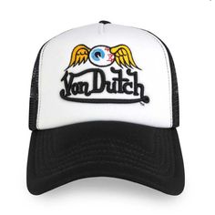 This Classic Snapback Trucker Hat By Von Dutch Features A Puff Embroidered Wordmark Logo And The Iconic Flying Eyeball On The Front, Black Breathable Mesh Rear, And An Adjustable Snapback Panel. Von Dutch Logos Breathable Black Mesh Rear Curved Bill Adjustable Snapback Panel One Size Fits Most #Truckerhar #Vondutxh Y2k White Letter Print Hats For Winter, White Winter Hats With Letter Print, White Letter Print Winter Hats, White Trucker Hat With Letter Print Visor, White Trucker Hat With Embroidered Logo For Spring, Retro White Trucker Hat With Letter Print, White Flat Brim Baseball Cap With Letter Print, Trendy White Winter Baseball Cap, White Snapback Trucker Hat For Winter