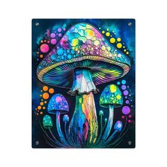 a painting of colorful mushrooms on a blue background