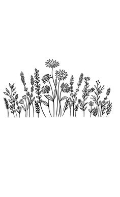 a line drawing of wildflowers on a white background