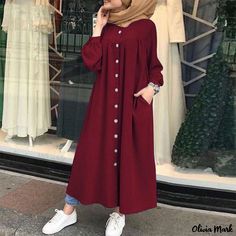 Olivia Mark - Womens Casual Long Sleeve Dress with Stand Collar and Color Block Design Muslim Long Dress, Solid Skirt, Button Down Shirt Dress, Loose Maxi Dress, Muslim Dress, Long Sleeve Casual Dress, Solid Color Dress, Sleeves Clothing, Shirt Dress Casual