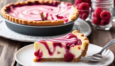 a slice of raspberry cheesecake on a plate