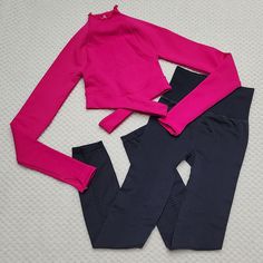 Nwot Free People Movement Good Karma Leggings & Longsleeve Paris Solid Wrap Waist Crop Top Set. Size Xs/Small. Crop Top Is A Vivid Hot Pink With A Criss-Cross Waist, Ribbed Fabric & Lettuce Edging Around The Neckline. Longsleeves Have Finger Holes. No Exterior Logo. Inner Size Label Is Worn Down. Good Karma Leggings Are Highwaisted With Vented Pinholes. No Exterior Logo. Cheap Red Crew Neck Crop Top, Pink Long Sleeve Sets For Winter, Pink Long Sleeve Winter Sets, Fitted Pink Activewear With Thumbholes, Fitted Athleisure Sets For Winter, Pink Long Sleeve Sets For Fall, Fall Workout Sets With Long Sleeves, Athleisure Long Sleeve Yoga Sets, Long Sleeve Athleisure Sets For Yoga