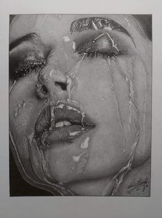 a black and white drawing of a woman's face with water dripping from her mouth