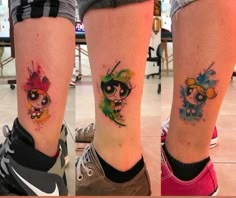 two tattoos on the legs of people who are wearing sneakers and running in different colors