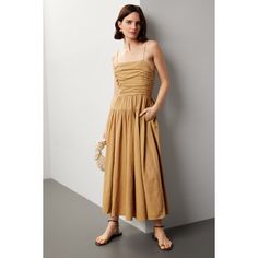 Brown (55% Linen, 45% Rayon). Casual dress. Sleeveless. Square neck. Side zipper closure. 38" from shoulder to hemline. Imported. Chic Pleated Midi Dress With Straight Neckline, Chic Pleated Midi Sundress, Chic Pleated Midi Length Sundress, Lined Sleeveless Midi Sundress, Lined Sleeveless Sundress Midi Length, Sleeveless Beige Sundress For Date Night, Beige Sleeveless Sundress For Date Night, Pleated Sleeveless Sundress At Midi Length, Sleeveless Ruched Beige Maxi Dress