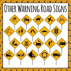 there are many road signs on this yellow and black signboard that says, other warning road signs