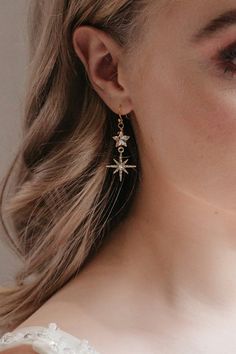 My dreamy, luxury double star earrings are a beautiful accessory and perfect for a wonderful celestial wedding or fabulous boho bride. Handmade with luxe crystal stars. Beautiful matching headpiece here: https://www.etsy.com/uk/listing/1431892994 The earring hooks are gold plated. Your beautiful 'Lois' earrings will come packaged in a luxury Rachel Chaprunne box with cushioned inserts. Made to order within 5 to 7 days, please message if you require sooner. Please note that earring hooks are clas Elegant Starburst Jewelry For Wedding, Celestial Dangle Earrings For Wedding, Celestial Style Drop Earrings For Wedding, Dainty Star-shaped Wedding Jewelry, Stars Beautiful, Earrings For Bride, Celestial Earrings, Earrings Star, Celestial Wedding