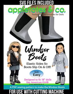 an advertisement with two dolls in boots and one doll is wearing black pants, the other has