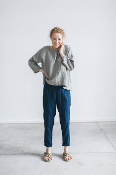 Drop Shoulder Blouse, Navy Blue Trousers, Shirt Linen, Blue Trousers, Linen Tunic, Linen Blouse, Loose Pants, Linen Top, On Repeat