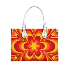 *  Embrace the free-spirited vibes of the 70s with our Orange Handbag, a charming blend of hippie and mod aesthetics. * This Mod 60s Purse features a stunning ombre orange floral pattern print, reminiscent of the vibrant hues of the era, with shades of orange, yellow, and red. * Crafted from high-quality PU leather, this Retro Handbag Women boasts an exquisite zipper and comes with a removable strap for added convenience. *Available in three sizes - small, medium, and large - and with two handle Retro Red Top Handle Satchel, Vintage Tote Satchel For On-the-go, Vintage White Tote Shoulder Bag, Retro Satchel With Leather Handles, Retro Red Satchel With Detachable Handle, Vintage Orange Bag For Everyday Use, Vintage Multicolor Satchel With Leather Handles, Retro Red Bags With Handles, Vintage Orange Everyday Bag