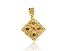 "The beauty of Byzantine style jewelry, completely handcrafted in Greece with the old-fashioned way, is omnipresent. An outstanding solid yellow gold pendant with Byzantine design decorated with genuine gemstones, remains a classic and elegant choice for everyone. Bold and traditional, you will not take your eyes off. Neither will your friends! High Quality Handmade Greek jewelry! ✔ Dimensions: Inches: 1.38 X 0.98 inch ✔ Dimensions: Millimetres: 35 x 25 mm ✔ High quality product. ✔ In a gift box Pendant Jewelry Gold, Byzantine Design, Friends High, Greek Jewelry, Ruby Emerald, Needle Minders, Yellow Gold Pendants, Craft Organization, Unique Pendant