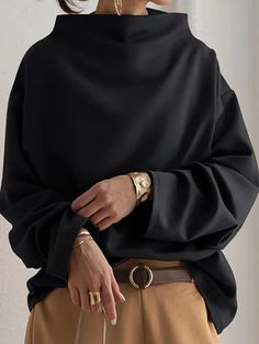 Black Turtleneck T-shirt For Fall, Oversized Turtleneck Top For Work, Oversized Black Plain Top, Crew Neck Solid Color Blouse For Fall, Solid Color Crew Neck Blouse For Fall, Black Crew Neck Blouse For Winter, Oversized Crew Neck Blouse For Fall, Fall Crew Neck Plain Blouse, Fall Plain Crew Neck Blouse