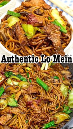 an image of chinese food with noodles and meat