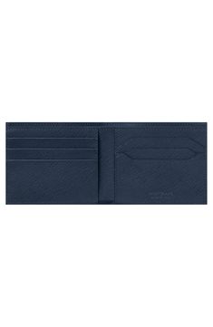 Richly textured calfskin elevates a handsome Italian wallet stamped with a bit of sharp branding. Interior currency pouch; slip pockets; six card slots Leather Made in Italy Classic Blue Wallet With Card Slots, Classic Blue Wallets With Card Slots, Classic Blue Wallets With Rfid Blocking, Classic Blue Business Wallets, Formal Blue Wallets With Interior Card Slots, Formal Blue Wallet With Card Slots, Classic Saffiano Leather Wallets With Rfid Blocking, Classic Saffiano Leather Wallet With Rfid Blocking, Classic Saffiano Leather Wallet With Card Slots