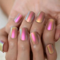 24 Desert Glow Short Matte Chrome Holographic iridescent Press on nails glue on Dessert Sunset, Pink Gold Nails, Nails Holographic, Pink Summer Nails, Nails Kit, Chrome Nails Designs, Short Press On Nails, Sunset Pink, Nagel Tips