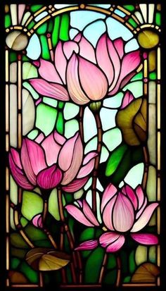 a stained glass window with pink flowers in it