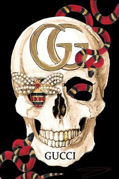 a skull with a gucci logo on it's head and snake around its neck