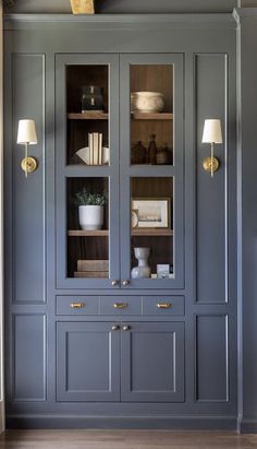 a bookcase with glass doors and two lamps