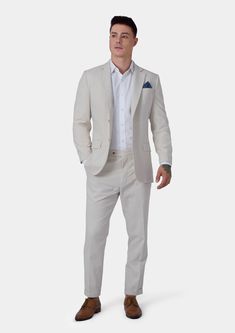 Delivered in as little as two weeks. Jacket & pants included. Vest optional. Covered by our Free Remake Guarantee. Complete the look with Shirts, Ties & Squares. Fitted Beige Linen Suit, Tailored Beige Linen Suit, White Cotton Summer Suit, Beige Linen Suit With Welt Pockets, Beige Linen Suits With Welt Pockets, Fitted Linen Summer Suits, Summer Fitted Linen Suit, Classic Linen Summer Suits, Classic Summer Linen Suit