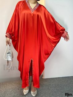 Bjux - Stylish Plus-Size Abaya Dress with Rhinestone Satin Batwing Sleeves, V-Neckline and Maxi Length for Women Red Kaftan, V Neck Kaftan, Dress With Rhinestones, Reddish Orange, Abaya Dress, Stylish Plus, Rhinestone Designs, Kaftan Dress, Batwing Sleeve