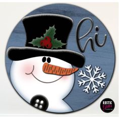 a snowman with a hat and holly berry on it's nose, in front of a blue background