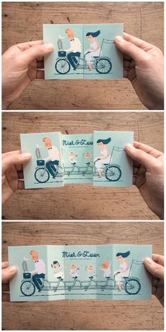 three different pictures of people riding bicycles on the same page, one is holding up a card