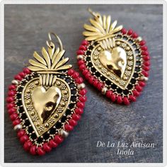 Inola - Red Beaded Silver Sacred Heart Earrings Dangle Latina Lace Love Latinx Fiesta Flaming Hearts by DeLaLuzArtisan on Etsy Sacred Heart Dangle Earrings, Mexican Filigree Heart Dangle Earrings, Handcrafted Artisan Jewelry, Red Bead, Sacred Heart, Earrings Dangle, Heart Earrings, Artisan Jewelry, Jewelry Earrings Dangle