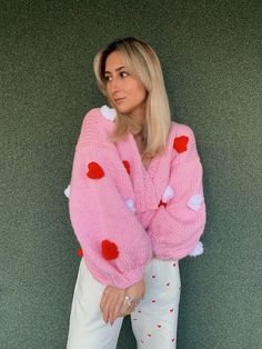 Hey, I found this really awesome Etsy listing at https://www.etsy.com/listing/1161191437/pinky-love-sweater-handmade-oversize Sweater Oversize, Love Days, Cropped Cardigan, Pretty Gift, Chunky Knit, Cold Day, Cardigans For Women, Knit Cardigan, Knit Top