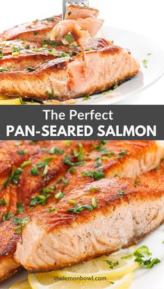 the perfect pan - seared salmon with lemons and parsley on top is shown