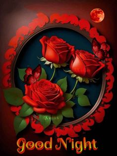 good night images with red roses and moon in the background for whatsapp com