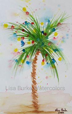 a painting of a palm tree with multicolored spots