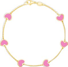 Dainty Pink Heart Charm Bracelet, Elegant Pink Bracelet With Heart Charm, Pink Dainty Bracelet With Adjustable Chain, Dainty Pink Bracelets With Adjustable Chain, Dainty Pink Bracelet With Adjustable Chain, Valentine's Day Pink Bracelets With Adjustable Chain, Pink Bracelets With Adjustable Chain For Valentine's Day, Pink Adjustable Bracelets For Valentine's Day, Pink 14k Gold Jewelry With Heart Charm