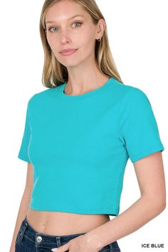 Basic Short Sleeve Round Neck Cropped T-Shirt - Ice Blue    Shirts & Tops Zenana- Tilden Co. Round Neck Crop Top, Hot Top, Basic Shorts, Cropped T Shirt, It's Hot, Crop Tshirt, Cropped Top, Ice Blue, Cotton Shorts