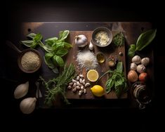 an overhead view of various ingredients on a cutting board, including garlic, lemons, basil, and garlic oil