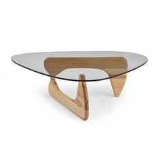 an oval glass table with wood legs and a wooden base on the bottom, in front of a white background