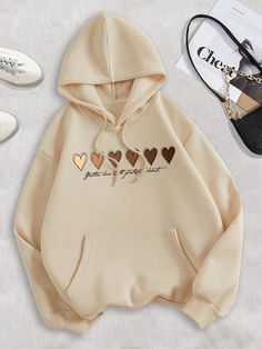 Beige Casual Collar Long Sleeve Fabric Heart,Slogan Pullovers Embellished Slight Stretch  Women Clothing Hoody For Women, Beige Hoodie Aesthetic, Aesthetic Hoodies For Women, Cute Hoodies For Women, Trendy Sweatshirts Hoodie, Cute Sweatshirts Aesthetic, Stylish Hoodie Women, Trendy Hoodies Women, Cute Oversized Sweatshirts