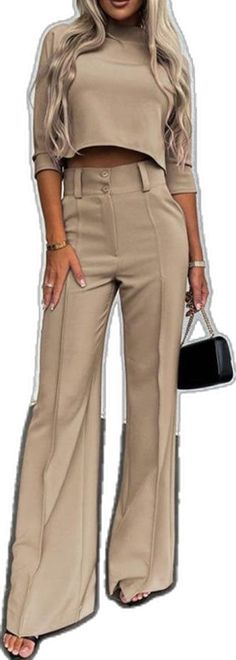 Beige Wide-leg Pantsuit For Office, Beige Straight Pantsuit For Office, Beige Office Pantsuit With Straight Pants, Trendy Tailored Pantsuit For Work, Trendy High-waisted Pantsuit For Work, Chic Beige Pantsuit With Pockets, Trendy Pantsuit For Work, Trendy Trousers Pantsuit For Workwear, Chic Beige Pantsuit For Fall