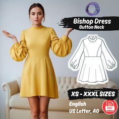 Bishop Sleeve Dress PDF Sewing Pattern, Formal Collared Dress Pattern, Mini Dress Long Sleeve Pattern XS 3XL Pattern - Etsy Batwing Sleeve Pattern, Bishop Sleeve Dress, Long Sleeve Pattern, Mini Dress Long Sleeve, Sewing Instructions, Garment Pattern, Boat Neck Dress, Collared Dress, Diy Sewing Clothes