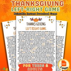 **Thanksgiving Left Right Game: A Heartwarming Holiday Tradition Add a dash of laughter and suspense to your Thanksgiving celebration with our Thanksgiving Left Right Game!  **Gameplay   - Gather your friends and family in a circle and hand out a small gift or prize to each participant (or just one to pass around).   - As the host reads an entertaining Thanksgiving-themed story aloud, players pass the gifts left or right whenever they hear the words "left" or "right" in the story.   - When the s Friendsgiving Left Right Game, Left Right Story Game Thanksgiving, Thanksgiving Pass The Gift Game, Left Right Game For Adults, Thanksgiving School Party, Pass The Present Game, Thanksgiving Quiz, Thanksgiving Trivia Questions, Pass The Gift Game